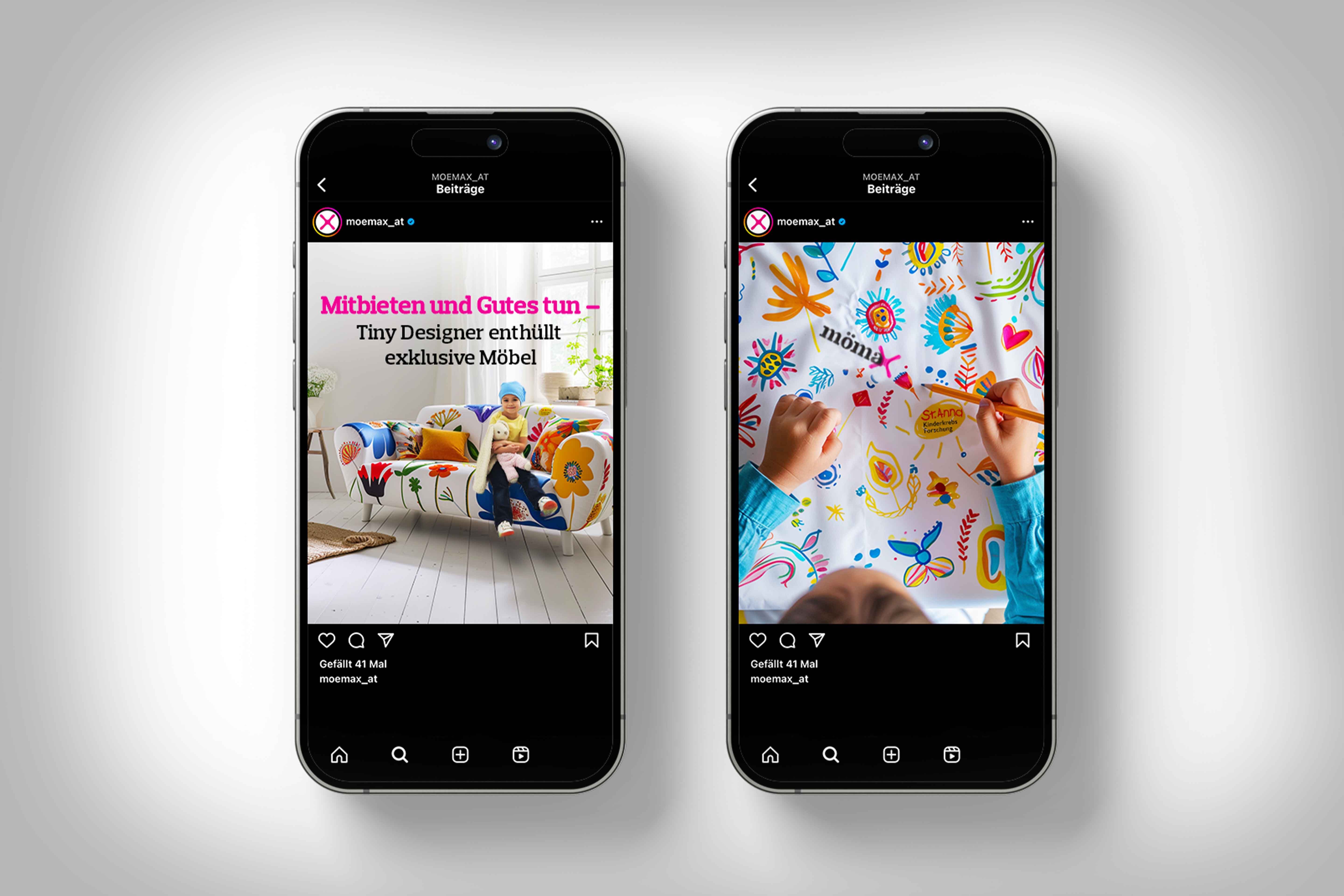 In zwei Handy Mockups sind Instagram Postings von "moemax_at" zu sehen. 